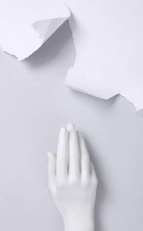 White hand and white torn paper sheet on gray background. concept art. minimalism. top viewの写真素材