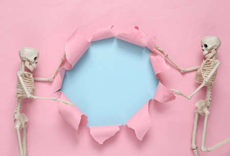 Empty torn hole and skeleton on a blue-pink pastel background. Halloween concept. Pastel color trend. minimalismの写真素材