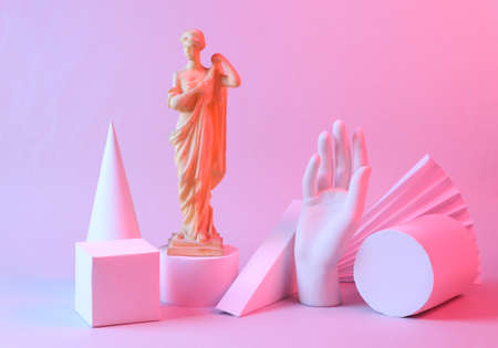 Modern abstract composition of geometric shapes, antique statue in blue pink neon gradient light. creative ideas. concept art. minimalism. Surrealismの写真素材