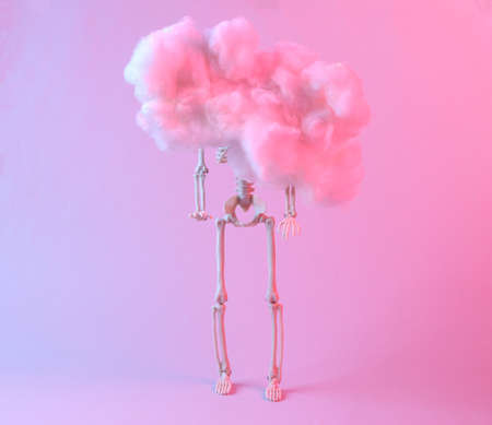 concept art. Skeleton in floating fluffy cloud. Blue pink neon gradient light. creative ideas. minimalism. Surrealismの写真素材