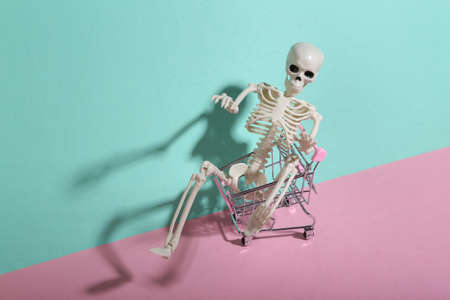 Skeleton in shopping cart on blue-pink background. minimalism. trendy shadow. creative layout.の写真素材