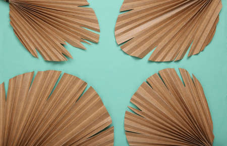 Decor dry palm leaves on blue background. creative background. copy space
