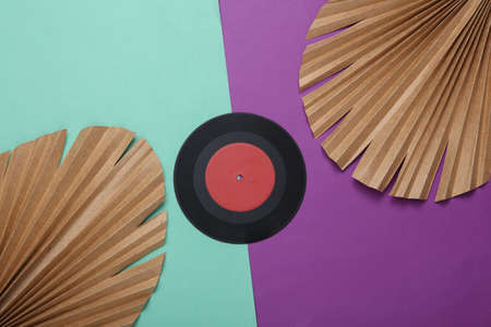 creative music layout. Retro vinyl record and palm leaves on purple blue background. flat layの写真素材