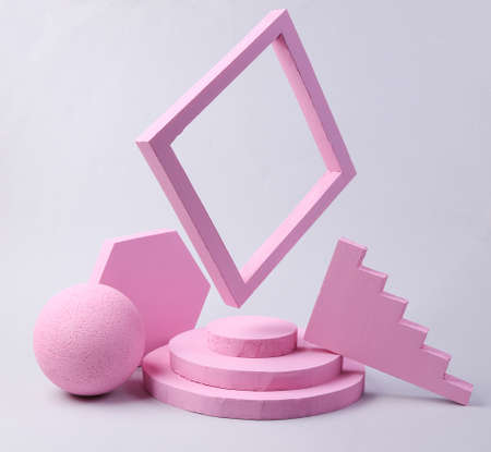 Fresh idea modern still life of pink geometric shapes on gray background. minimalismの写真素材