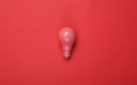 Pink light bulb on red background. Creative minimalist layout. fresh ideas. concept art. flat lay. top viewの写真素材