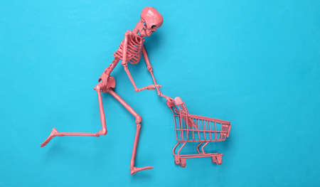 Mini pink supermarket trolley and skeleton on a blue background. Minimalism Halloween layoutの写真素材