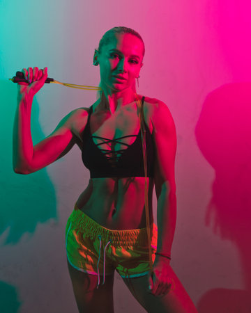 Fit woman with skipping rope posing in pink green neon lightの写真素材