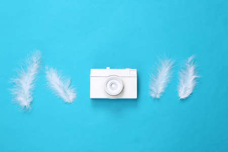 creative minimal layout. Feathers and wgite camera on blue background. Top view, flat lay. concept artの写真素材