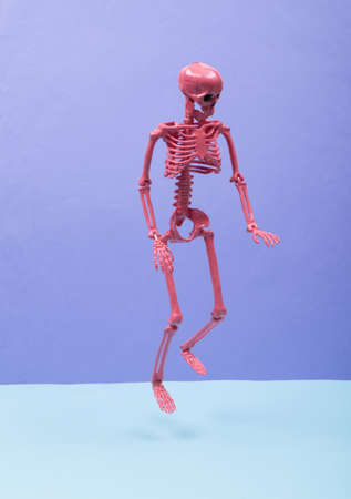 Levitating pink skeleton on colored background. Minimalistic still life. creative layout. concept artの写真素材