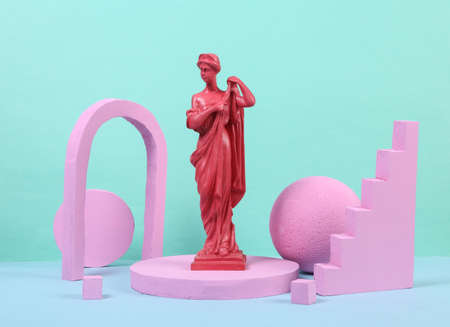 Pink antique goddess statue on the podium with geometric shapas. concept art. Fashion Minimalismの写真素材