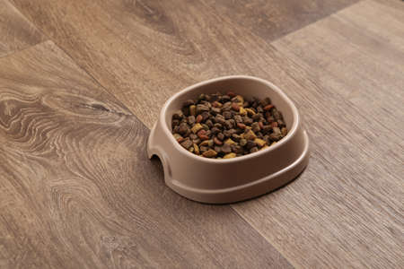 Plastic bowl with cat food on wooden floor.