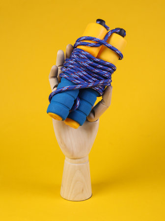 Wooden hand holds skipping rope on yellow background