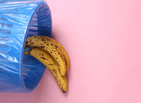Trash bin with spoiled bananas on pink backgroundの写真素材
