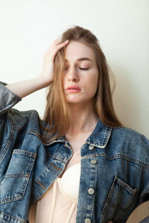 Stylish fashionable woman on white backgroundの写真素材