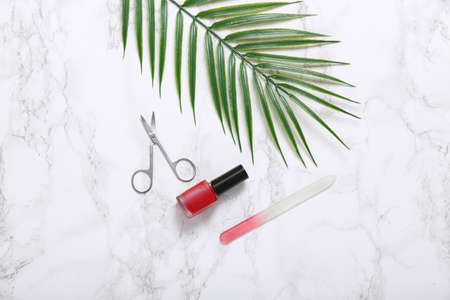 Bottles of colored nail polish, scissors and nail file on marble background with palm leaves. Manicure accessories. top viewの写真素材