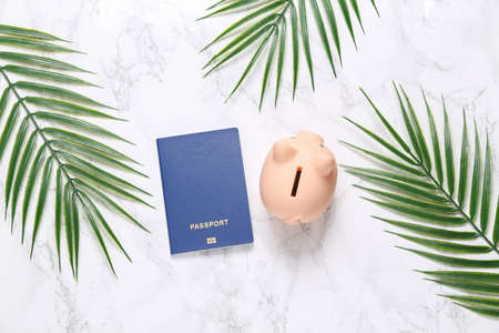 Piggty bank and passport on marble background with palm leaves. travel conceptの写真素材
