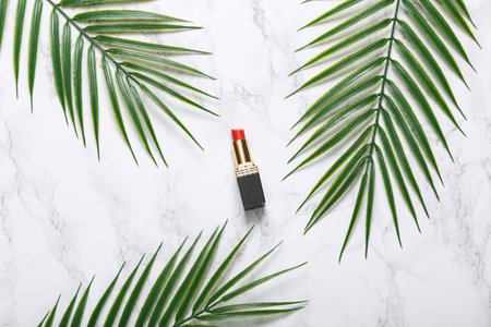 Lipstick with palm leaves on marble backgroundの写真素材