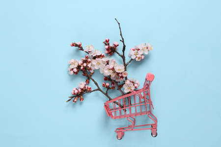 Mini shopping trolley with beautiful flowering branches on blue background. springtime concept. Flat lay, top viewの写真素材