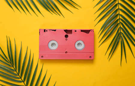 Video cassette and palm leaves on yellow background. Tropical, retro composition. top view. flat layの写真素材