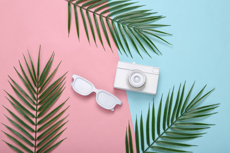 Retro camera, sunglasses and palm leaves on pink blue background. Tropical, minimal layout. top view. flat layの写真素材