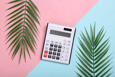 Calculator and palm leaves on pink blue background. tropical composition. top view. flat layの写真素材