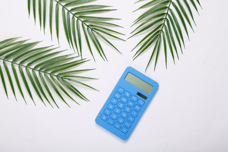 Calculator and palm leaves on white background. tropical composition. top view. flat lay