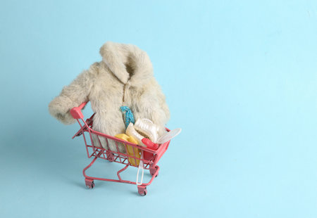Shopping trolley with Fur coat on blue pastel background. Minimalism fashion layout. concept artの写真素材
