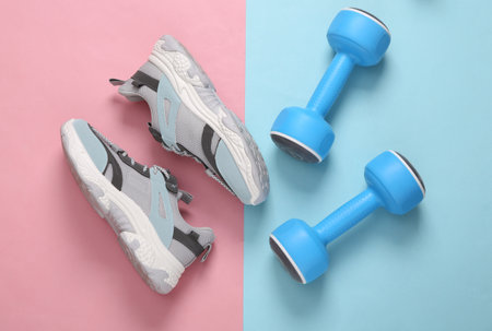 Sports shoes and dumbbells on a blue-pink pastel background. fitness concept. top view. minimalism