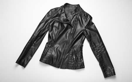 Stylish women's leather jacket on a white backgroundの写真素材