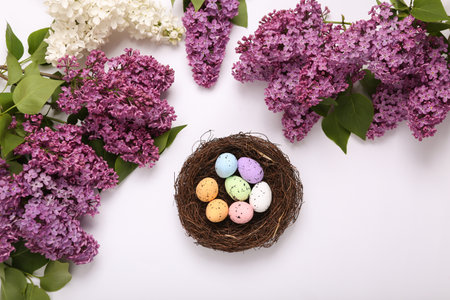 Easter composition. Easter colored eggs in a nest with blooming lilacs on a white backgroundの写真素材