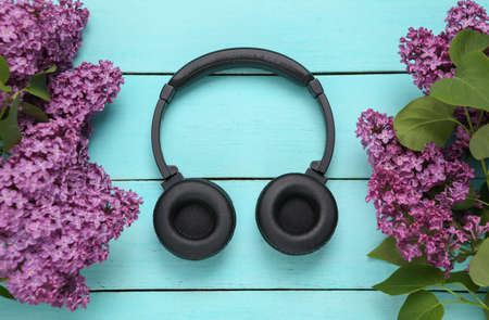 Stereo headphones with branches of blooming lilacs on blue wooden background. music concept. top view. flat layの写真素材