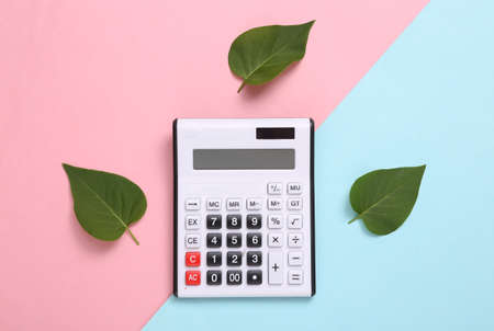 Green leaves and calculator on blue-pink pastel background. minimalism. Eco concept. flat layの写真素材