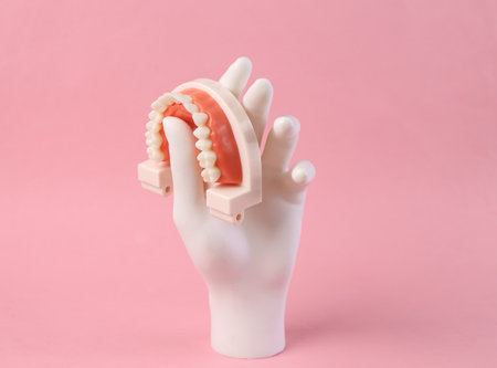 White hand holding half of the jaw model on pink background
