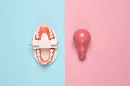 Model of human jaw with pink light bulb on pink blue pastel background. creative flat lay. idea...