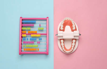 Model of human jaw with abacus on pink blue pastel background. creative flat lay