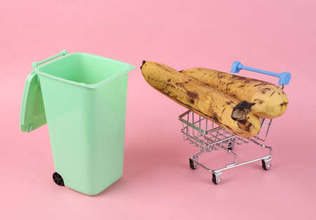 Shopping cart with rotten bananas and trash can on a pink background. Throw away the mustache,...
