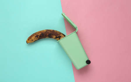 Rotten bananas in mini trash can on pink blue background. top view. flat layの写真素材