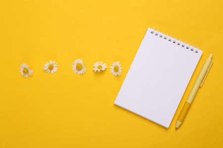 Blooming chamomile flowers and notebook on a yellow backgroundの写真素材
