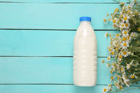 Milk bottle with chamomile blooming on blue wooden table. top viewの写真素材