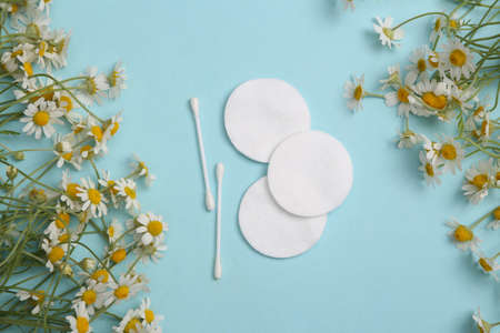 Body care, hygiene. Cotton pads, sticks on a blue background with chamomileの写真素材