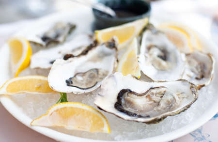 Fresh oysters in a shell, served on a plate