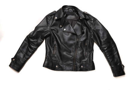 Black leather biker jacket isolated on white backgroundの写真素材
