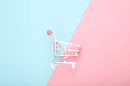 Mini supermarket trolley on pink blue background