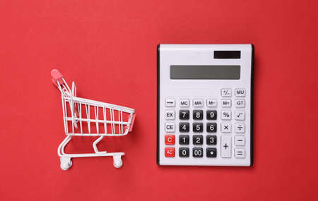 Mini supermarket trolley with calculator on red background