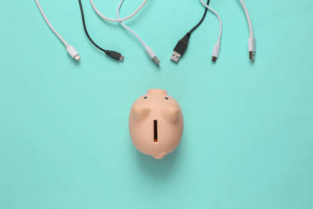 Different usb cable and piggy bank on a blue backgroundの写真素材