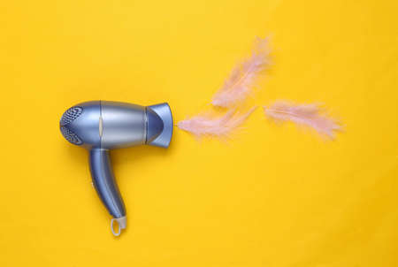 Hair dryer with feather on a yellow background. minimal layout. top viewの写真素材