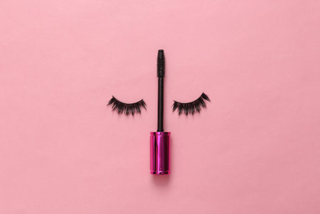 False eyelashes and eyelash brush with mascara on pink background. Creative flat lay, beauty conceptの写真素材