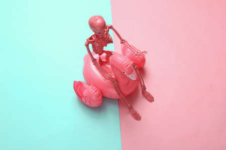Skeleton with inflatable flamingo on pink blue background. Minimal Halloween party, creative layoutの写真素材