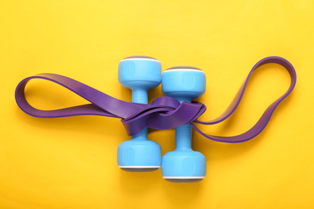 fitness accessories. Fitness rubber harness and dumbbells on yellow background. top viewの写真素材