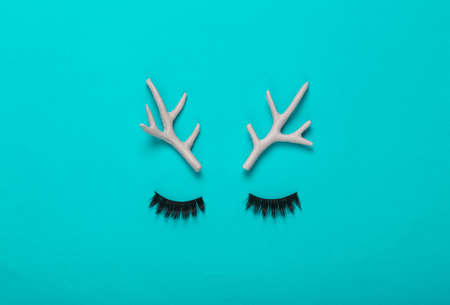 minimal layout. Deer antlers and false eyelashes on a turquoise background. top view. concept artの写真素材